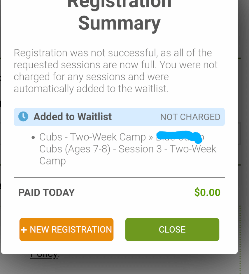 Registration message to be waitlisted